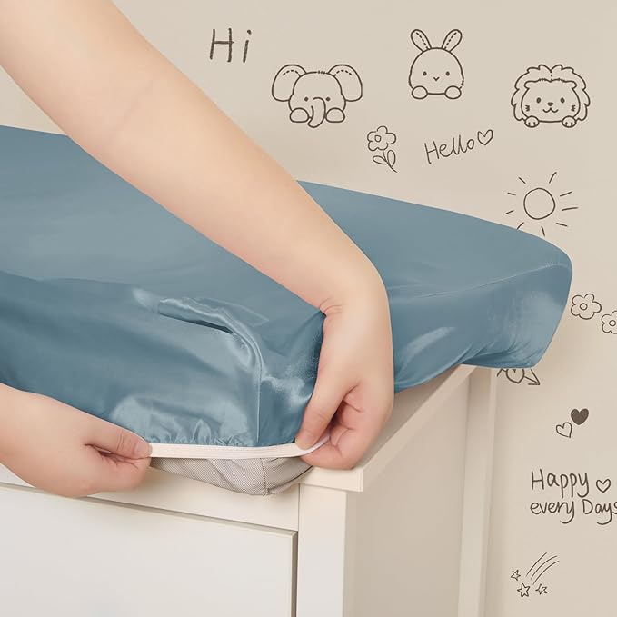 SiinvdaBZX 2 Pack Changing Pad Cover for Baby Girls Boys, Satin Silky Soft Changing Table Covers 32"x16"+5" Diaper Changing Pad Sheets, Fog Blue & Light Blue