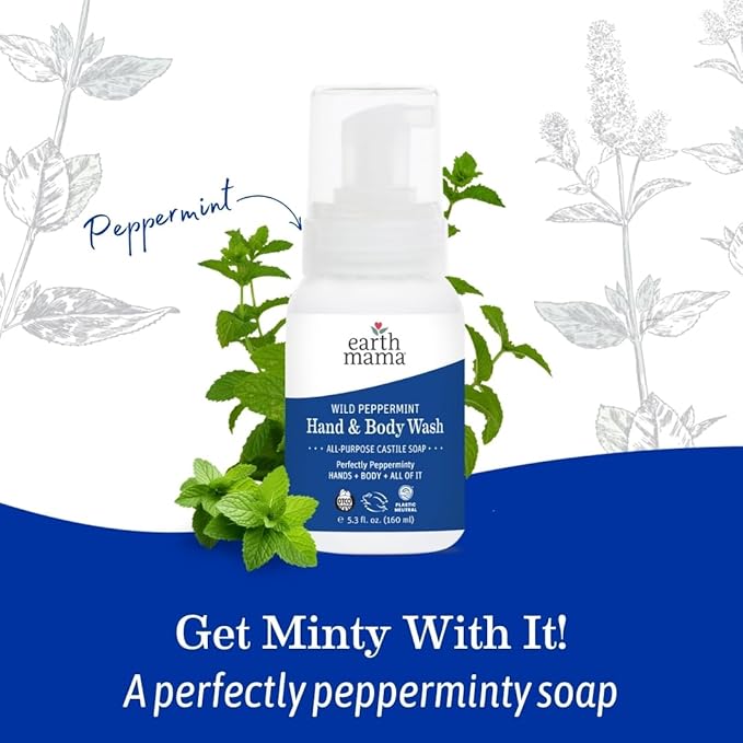 Earth Mama Wild Peppermint Hand & Body Wash | Foaming Castile Soap Liquid and Hand Soap, Made with Organic Wild Mint & Peppermint Oil, 5.3 fl oz (2-Pack)