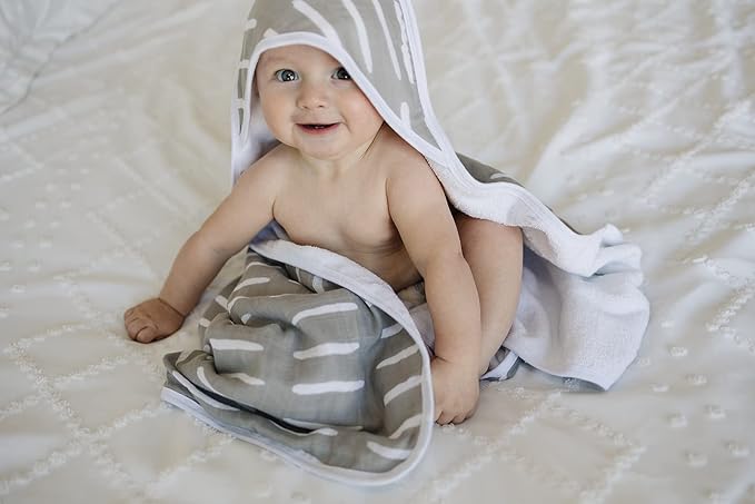 Mebie Baby Muslin Hooded Towel, Grey Dash, Cute Hooded Baby Bath Towel for Newborn, Infant & Toddler, Modern Baby Towels and Washcloths for Boy & Girl, Floral & Pattern Hooded Baby Towels
