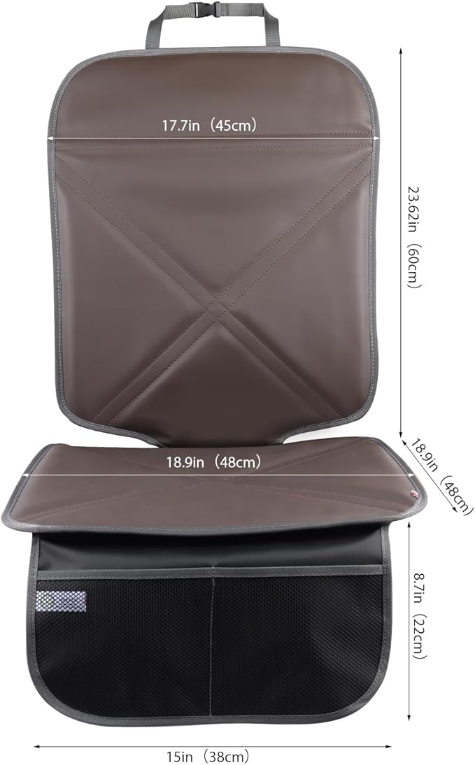 Car Seat Protector Leather Waterproof Child Safety Seat Protector Cover with Thick Pad and 2 Large Pockets Durable Kick Mat for All Auto Seat (Brown)