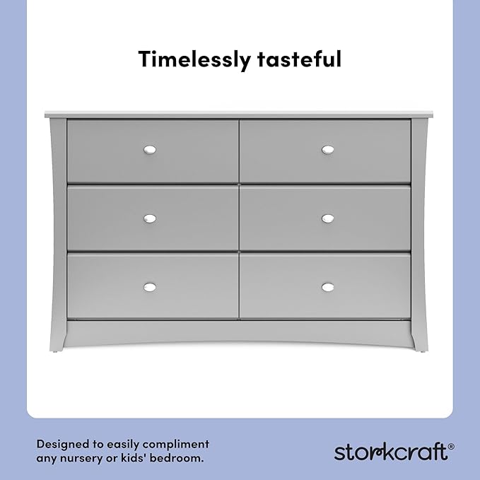 Storkcraft Crescent 6-Drawer Dresser (Pebble Gray) – GREENGUARD Gold Certified, Gray Dresser for Bedroom, Kids & Nursery Storage Chest, Safety Interlocking Drawers, Pre-Installed Tracks, Kids Chest