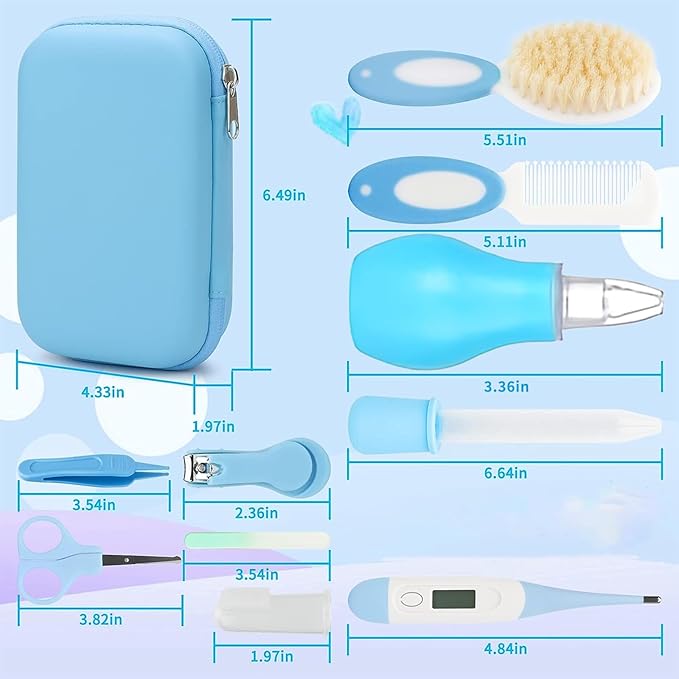 Baby Healthcare and Grooming Kit, Baby Safety Set Newborn Nursery Health Care Set with Hair Brush Scale Measuring Spoon Nail Clippers (17PCS Blue)