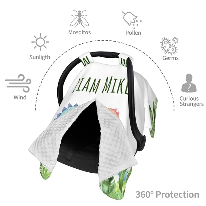 Personalized Baby Car Seat Canopy for Babies, Custom Name Baby Car Seats Cover for Boys Girls, Dinosaur Opening Minky Nursing Breastfeeding Covers for Infant, Carseat Canopies for Newborn