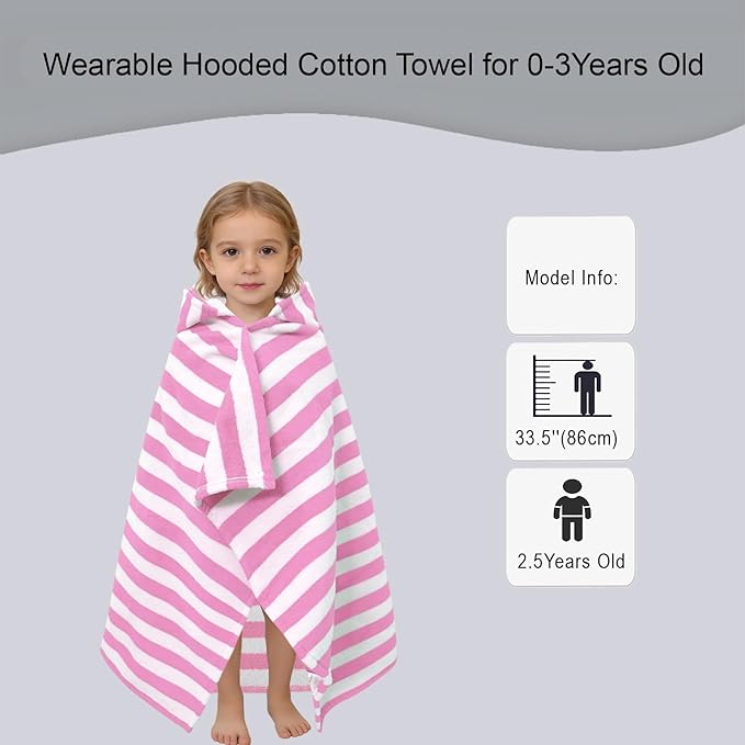 VOOVA & MOVAS Toddler Hooded Bath Towel 0-3T, 25''X40, Soft | Thick | 100% Cotton | Absorbent Towel Wrap for Baby, Perfect for Beach, Pool, Bath, Swimming,Pink Stripe