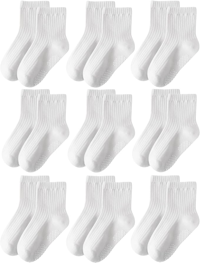 Toddler Grip Socks Non Slip Crew Socks Cute Seamless Cotton Socks for Baby Boys Girls Infants Kids 9 Pairs