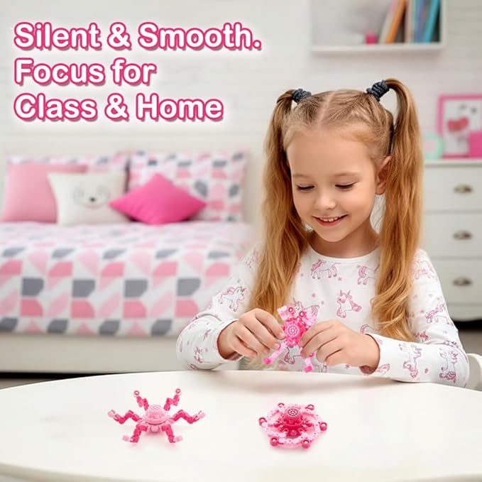 2 PCS Transformable Fidget Spinners for Kids, Valentine's Day Gifts for Classroom Exchange, Party Favors, Sensory Stress Relief Toy for Girls & Boys,Pink Deformable Mechanical Chain Robot Toy