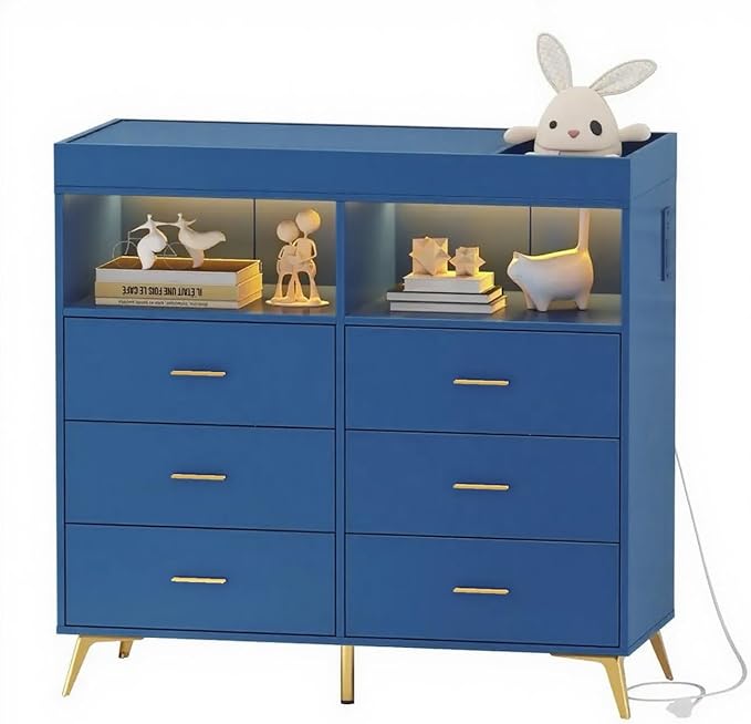 Baby Changing Table Dresser with 6 Drawers, Baby Nursery Dresser, LED Lights & Charging Station – Multifunctional Nursery Dresser with Removable Changing Top, Anti-Tip Design, Blue