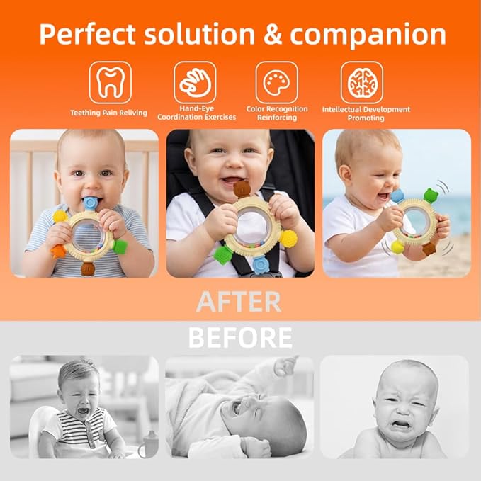 Baby Teething Toys for 0-6 Months,Babies Rattle Teether Sensory Toy for Baby 6-12 Months,Ring Teether Infant Toys for Babies 0-24Months,BPA Free Babys Chew Toys Newborn Infant Toys Gifts