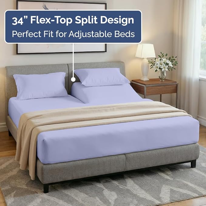 Split Head King Sheet Set – 4 Piece Flex Split Top King Sheets for Adjustable Beds - Fits 14” to 16" Mattress w/ Deep Pockets - Soft, Breathable & Cooling - Luxury Bedding and Wrinkle Free - Lavender
