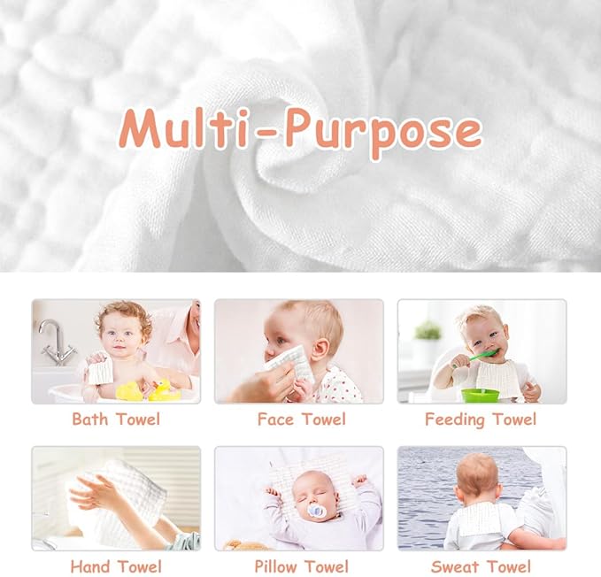 AIDEA Baby Washcloths and Burp Cloths, Absorbent Cotton Muslin Baby Towels, Large Soft Breathable Newborn Essentials for Boys and Girls, Newborn Essentials, White-10 Pack, 10"x10"