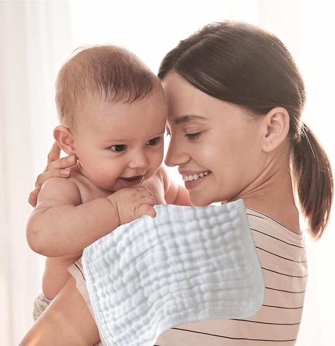 8 Pack Muslin Burp Cloths for Baby, 100% Organic Cotton Baby Washcloths for Boys Girls Large 20''X10'' Super Soft and Absorbent (White-8 Pack)
