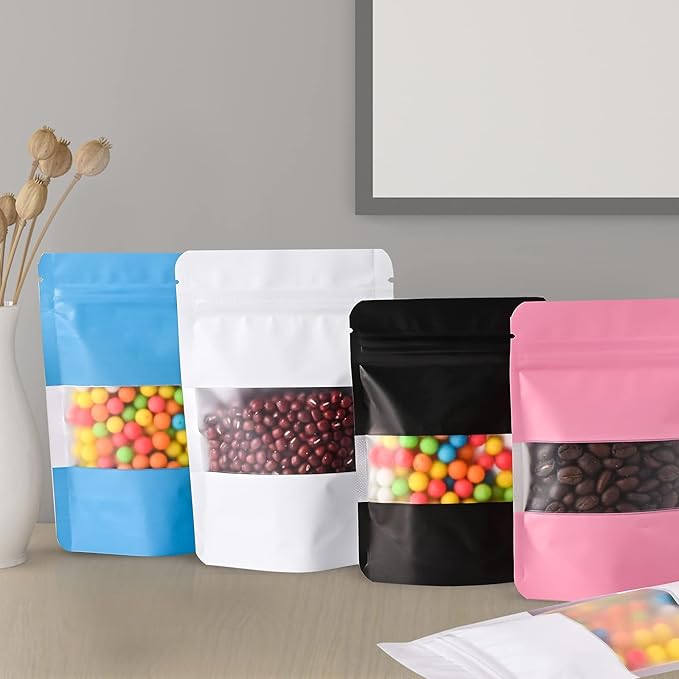 100 Pieces Smell Proof Mylar Bags, Resealable Food Storage Bags with Clear Window, Foil Pouch Stand-up Bags for Food Self Sealing Storage Supplies (White, 4.7 x 7.8 Inch)