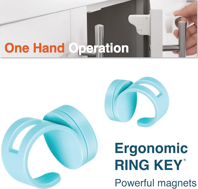 RovingCove Ergonomic Magnetic Cabinet Baby Locks 8-pk, Child Proof Drawer Cupboard Latches, Adhesive, Easy Install with Starter Tape System, 8 Locks 2 Ring Keys