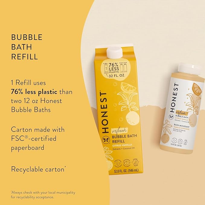 The Honest Company Foaming Bubble Bath Refill Carton, Gentle for Baby, Naturally Derived, Tear-Free, Hypoallergenic, Citrus Vanilla Refresh, 32 fl oz