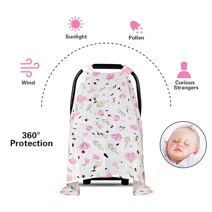 Muslin Baby Car Seat Canopy, Metplus Infant Carseat Cover - Extra Wide Universal Fit, Lightweight Breathable Soft for Babies Girls Shower Gift (Purple Flower)