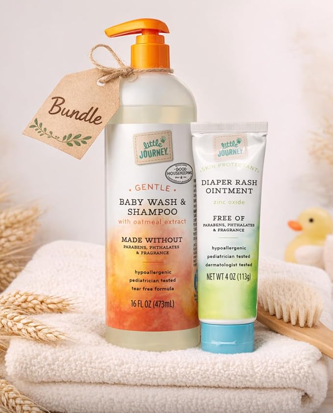 Little Journey Baby Care Bundle, Gentle Baby Wash & Shampoo with Oatmeal Extract 16 oz, Diaper Rash Ointment with Zinc Oxide 4 oz