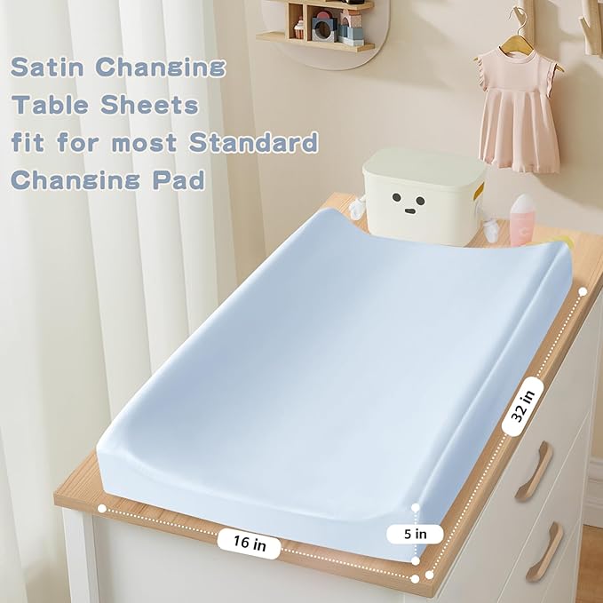 SiinvdaBZX 2 Pack Changing Pad Cover for Baby Girls Boys, Satin Silky Soft Changing Table Covers 32"x16"+5" Diaper Changing Pad Sheets, Fog Blue & Light Blue