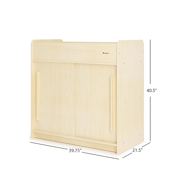 Foundations SafeGlide Daycare Changing Table, Durable Wood Construction, Built-in Shelving for Ample Storage, Gliding Doors, Adjustable Safety Strap, Includes Foam Mattress Pad, Natural
