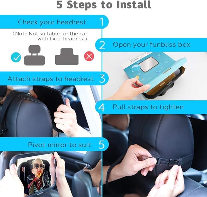 Funbliss Baby Car Mirror Safely Monitor,Car Mirror Baby Rear Facing Seat，No Assembly Required, Safer，Best Newborn, Shatterproof