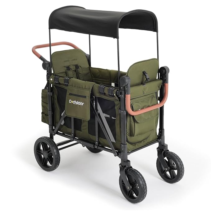 Premium 2 Seater Wagon Stroller for Kids, Foldable All-Terrain Stroller Wagon with Removable Seats, Adjustable 5-Point Safety Harness, Canopy, and Dual Handles, Green