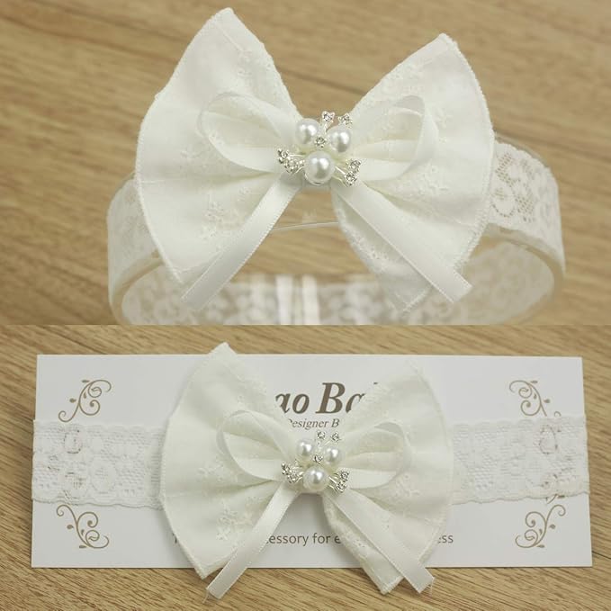 Baby Bow Headband for Baptism Christening Lace Hair Band (0-6 months,A-off white bow with imitation pearl)