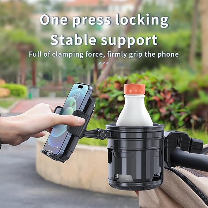3-in-1 Stroller Cup Phone Holder, Multifunctional Stroller Cup Holder Attachment with 360° Adjustable Phone Mount, Cup Holder for Walker, Wheelchair, Strollers, Anti-Slip & Easy Install
