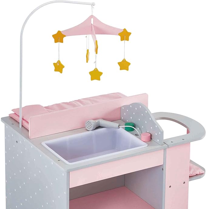 Olivia's Little World 6-in-1 Wooden Baby Doll Changing Station with Crib, Changing Table, High Chair, Double-Door Closet, Sink and Washing Machine, Multicolored