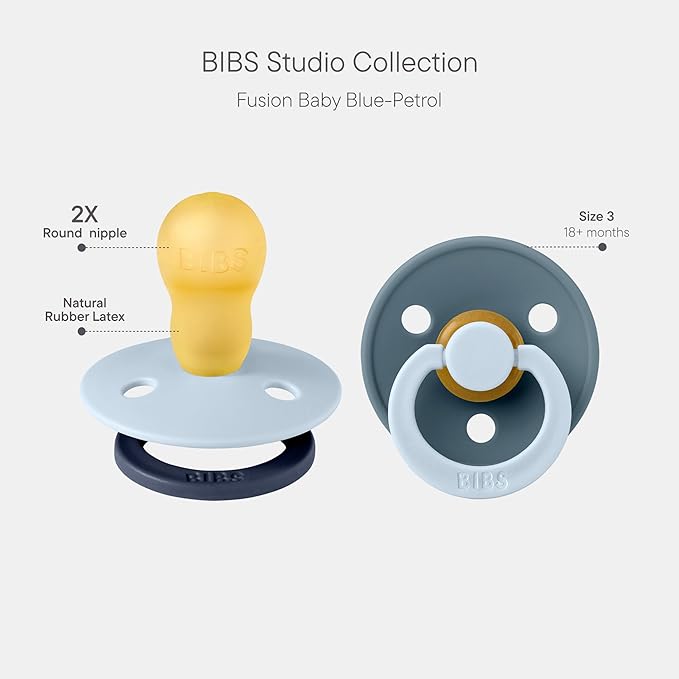 BIBS Colour Studio Pacifier 2-Pack, BPA Free, Round Nipple. Natural Rubber Latex, Made in Denmark, Size 3 (18+ Months) - Baby Blue/Petrol