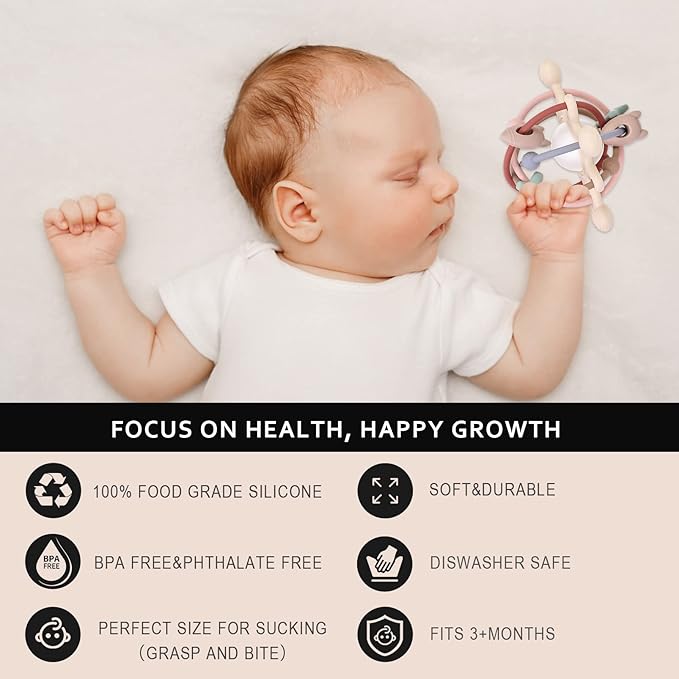 Baby Teething Toy for Babies 3-12 Months, Silicone Baby Teether Toys with Rattle, Rattle Sensory Teether Toy, Baby Chew Toys for Teething Relief, BPA Free, Beige