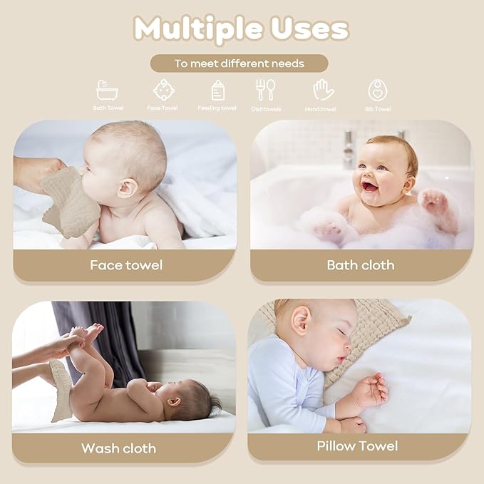 Yoofoss Muslin Baby Washcloths 100% Organic Cotton Face Towels 6 Pack Wash Cloths for Baby 12x12in Soft and Absorbent Baby Wipes (Apricot)