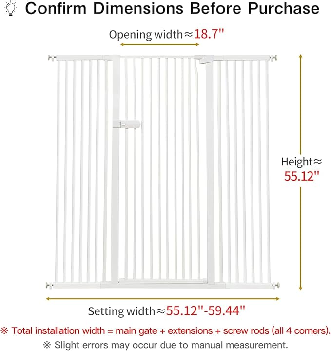 Lumizone Extra Tall Cat Gate 55.12" High Pressure Mounted Extra Wide 2025 New (17 Sizes) 1.37" Gap No Drilling Auto-Close One-Handed Operation Tall Pet Gate for Dogs(White, 55.12" H x 55.12"-59.44" W)