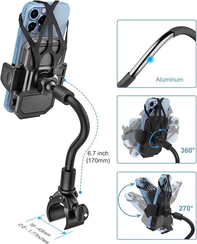 Gooseneck Stroller Phone Holder, Cell Phone Mount Pole Clamp for Baby Stroller, Shopping Cart, wheelchair, One Hand Operation Clip for iPhone Air 17 Pro Max 16 15 14 13 12 Plus, S25, 4-7" Smartphones