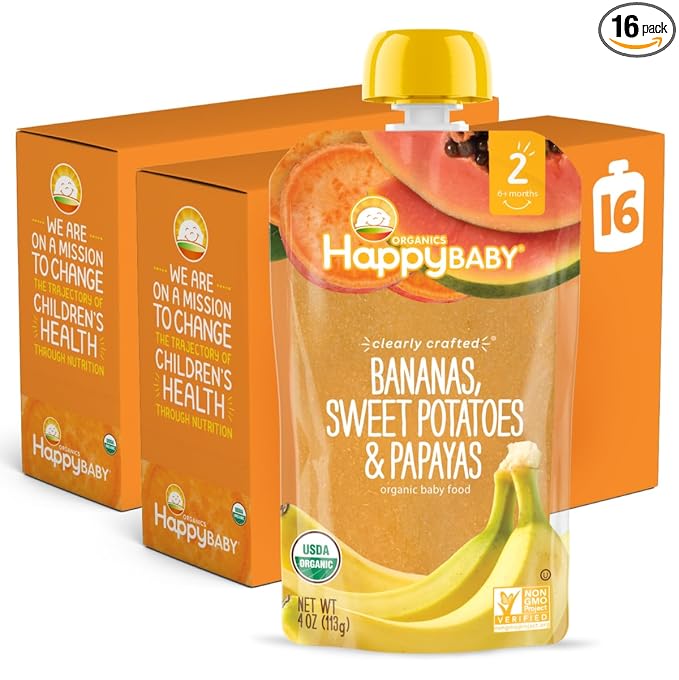 Happy Baby Organics Clearly Crafted Stage 2 Baby Food, Bananas, Sweet Potatoes & Papayas, 4 Ounce Pouch (Pack of 16) packaging may vary