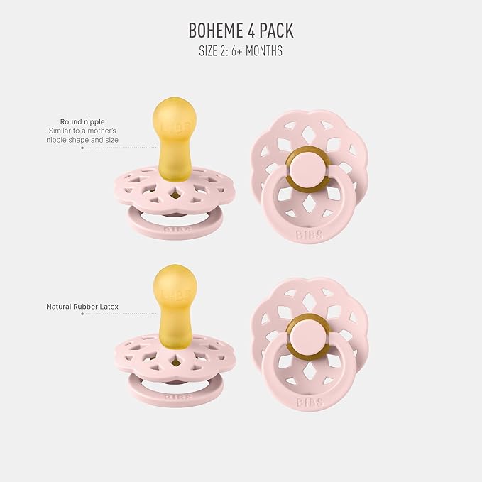 BIBS Boheme Pacifier 4-Pack. BPA Free Dummy Pacifier, Round Nipple. Natural Rubber Latex, Made in Denmark, Size 2 (6-18 Months), Blossom