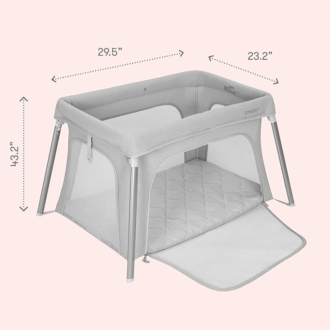 Newton Baby Compact Travel Crib & Play Yard | Breathable & Washable Mattress, Foldable Carry-On Size, Backpack Straps, Grey, Newton Bassinet Attachment NOT Compatible