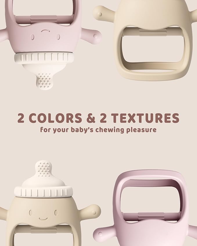 ChooKaChoo 2 Pack Baby Teething Toy for Over 3 Months, Food Grade Silicone Teething Mitten, Anti Dropping Wrist Hand Teethers Baby Chew Toys for Sucking Needs, BPA Free (BabyBottle Pink)