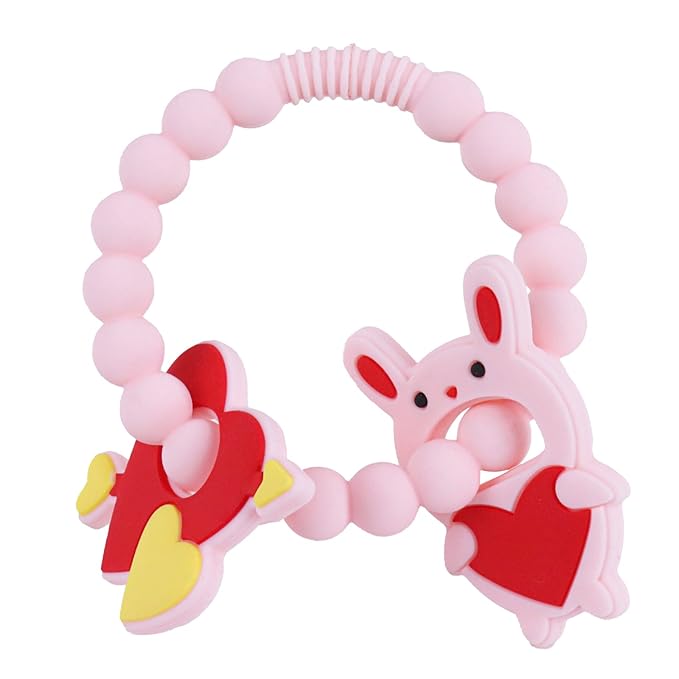 Valentine Teething Toys, Silicone Baby teethers 0-6 Months Easy for Little Hands to Hold, Cupid and Heart Rabbit for Valentine's Day Baby Teething Toys (Valentine Pink)