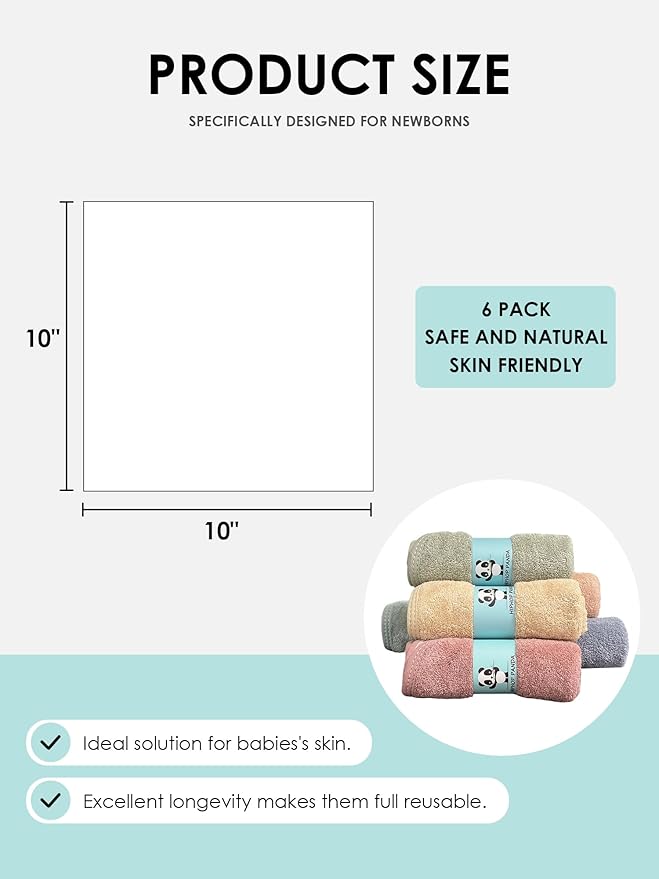 HIPHOP PANDA Baby Washcloths, Rayon Made from Bamboo - 2 Layer Ultra Soft Absorbent Newborn Bath Face Towel - Reusable Baby Wipes for Delicate Skin - Pastel Macaron, 6 Pack