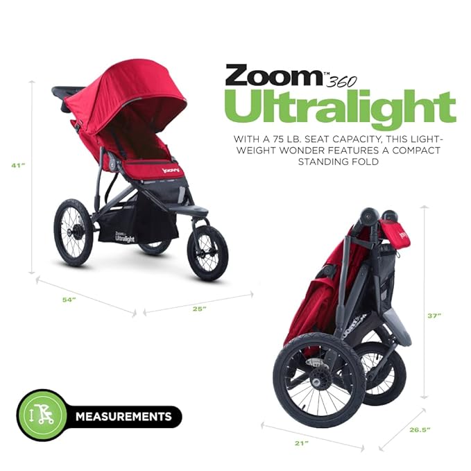 Joovy Zoom360 Ultralight Jogging Stroller Featuring High Child Seat, Shock-Absorbing Suspension, Extra-Large Air-Filled Tires, Parent Organizer, Air Pump, and Easy One-Hand Fold (Red)