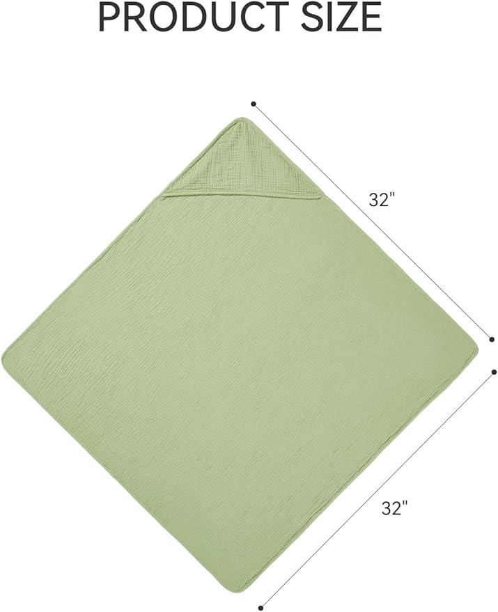 TILLYOU Muslin Hooded Baby Towels for Newborn 2 Pack, 32x32Inch Soft Baby Bath Towel Highly Absorbent for Newborn and Infant, Essential for Newborn Care, Forest Green and Light Green