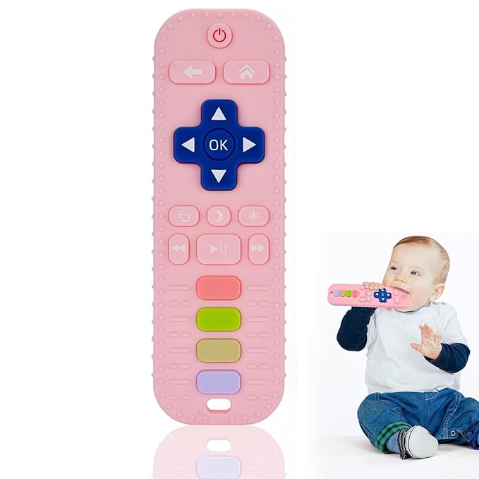 Baby Silicone Teething Toys, Simulation TV Remote Control Shape Teether Toys for Toddlers 3-18 Months, Boys Girls Baby Teething Toys, Babies Chew Toys, Freezer BPA Free, Pink