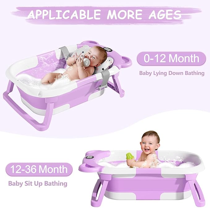 TPN Collapsible Baby Bathtub, Baby Bath Tub with Soft Cushion & Real-Time Thermometer, Baby Bathtub Infant to Toddler Tub (0-36 Months), Portable Newborn Travel Bath Tub