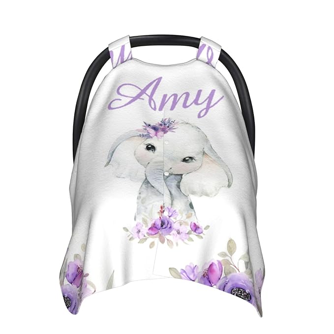 Personalized Baby Car Seat Canopy for Babies with Name, Custom Elephant Purple Stroller Car Seat Covers for Girls, Minky Nursing Carseat Cover for Breastfeeding, Car Seat Canopies for Newborn