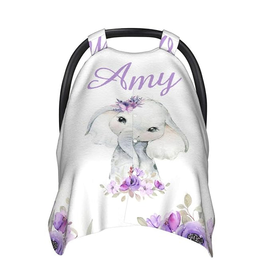 Personalized Baby Car Seat Canopy for Babies with Name, Custom Elephant Purple Stroller Car Seat Covers for Girls, Minky Nursing Carseat Cover for Breastfeeding, Car Seat Canopies for Newborn