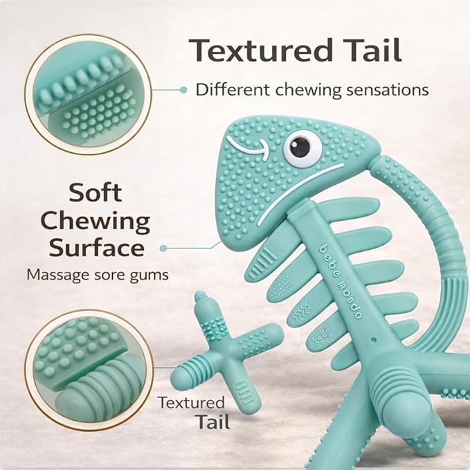 3 in 1 Infant Toys, Baby Teething Toys 3–6 6–12 Months, Teethers for Babies 0–3–6–12 Months for Teething Relief, Baby Gift, Baby Teether Toys, Silicone Sensory Toys, USA Patent Pending, Fish Turquise
