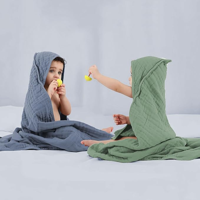Soft Hooded Baby Towels for Newborn Babies 6 Pack 100% Cotton Muslin Baby Bath Towel with Hood, Absorbent Baby Bath Towels for Boys and Girls (Blue & Green & White)