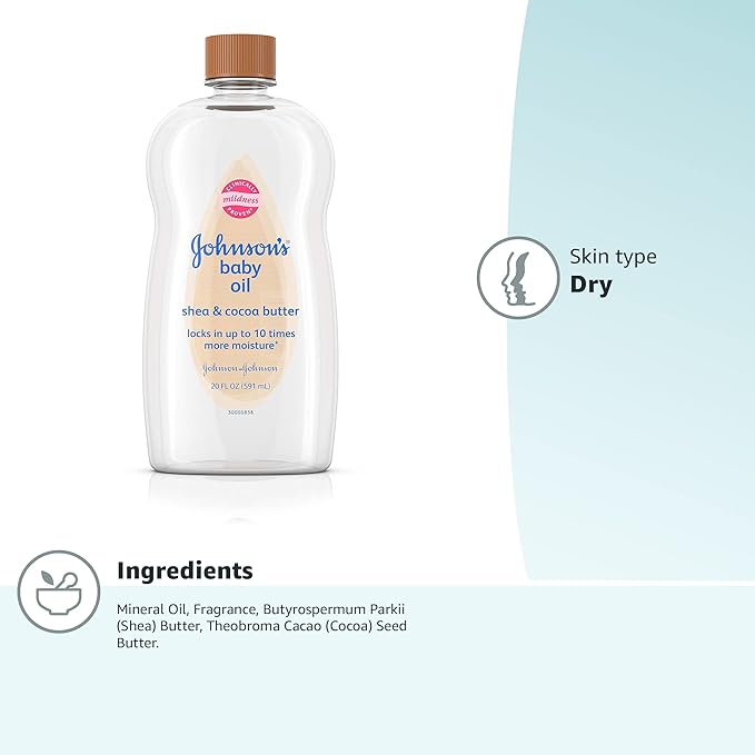 Johnson's Baby Oil, Mineral Oil Enriched with Shea & Cocoa Butter to Prevent Moisture Loss, Hypoallergenic, 20 fl. oz (Pack of 2)
