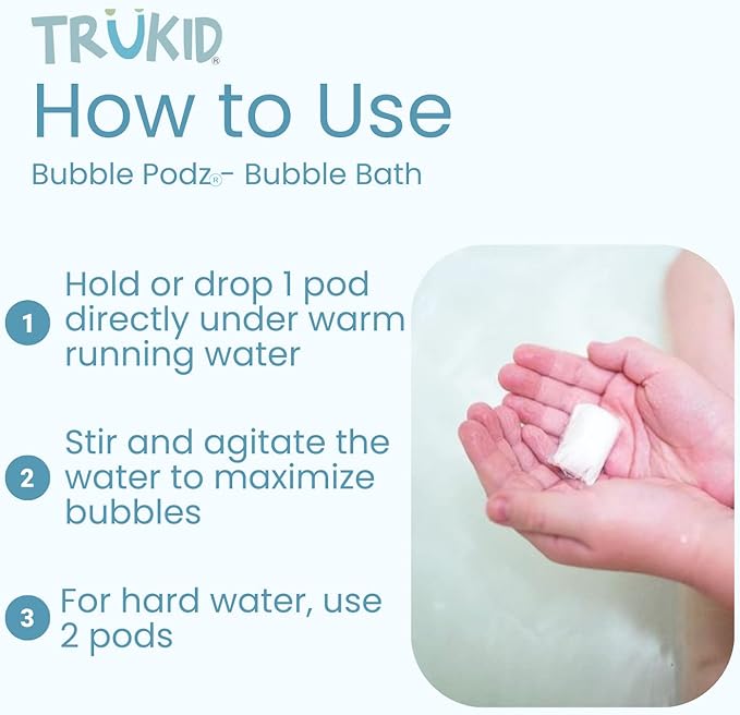 TruKid Bubble Podz Bubble Bath for Kids, Toddlers, & Babies, Tear Free Gentle & Refreshing Bath Bomb for Sensitive Skin with Natural Moisturizers, Non-Toxic, pH Balanced, Eucalyptus Scent (60 Podz)