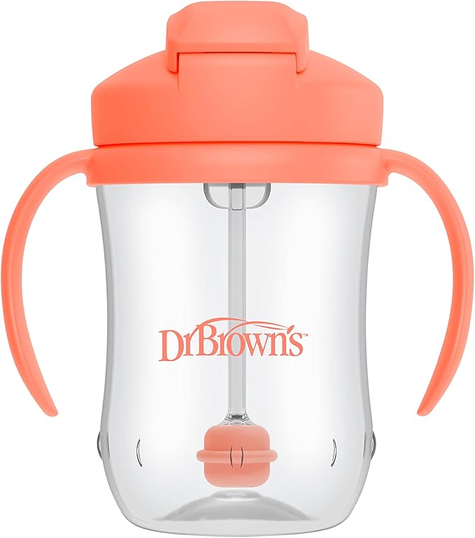 Dr. Brown's Milestones Baby's First Straw Cup, Training Cup with Weighted Straw, 9 oz/270 mL, BPA-free, 6m+, Coral/Olive Green, 2-Pack