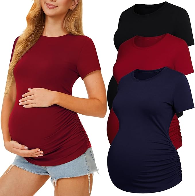 3 Pack Womens Maternity Shirts - Crew Neck Maternity Top Short Sleeve Pregnancy Tee Shirts